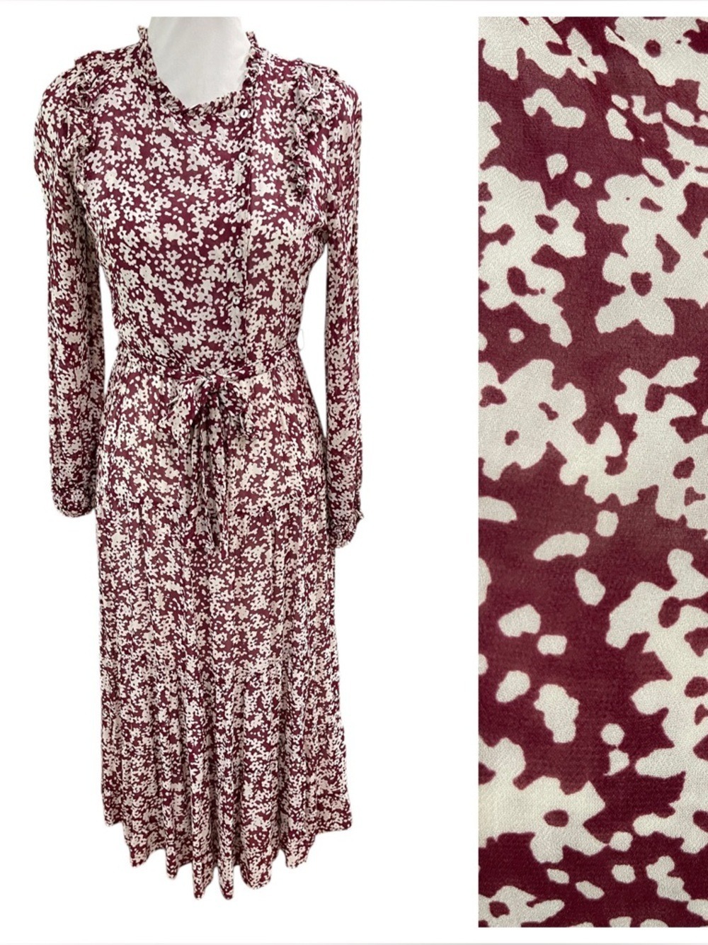 Caroll Paris Floral High Neck Modest Midi Dress  SZ 4 36 EU Wine Cream